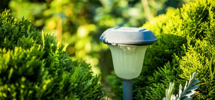 A dim or non-working solar garden light surrounded by overgrown grass, with other lights glowing faintly or flickering. In the background, a slightly cloudy evening sky. The solar panels on top of the lights appear dusty or shaded by leaves. A close-up shows corrosion or wear on the light fixture. Text overlay: "Why Solar Garden Lights Fail Over Time