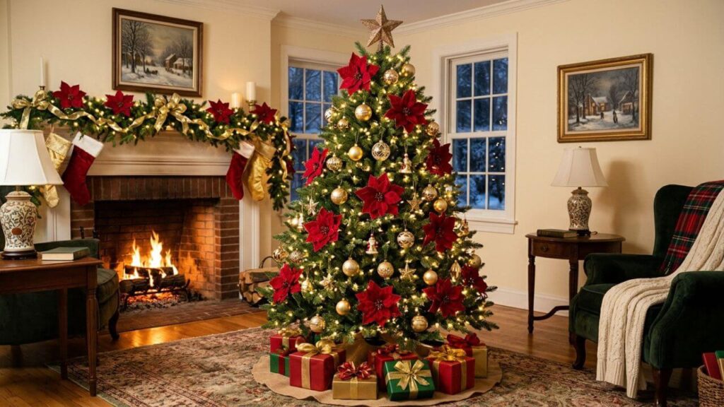 Traditional Christmas tree decorated with red poinsettia flowers, gold ornaments, and warm white lights