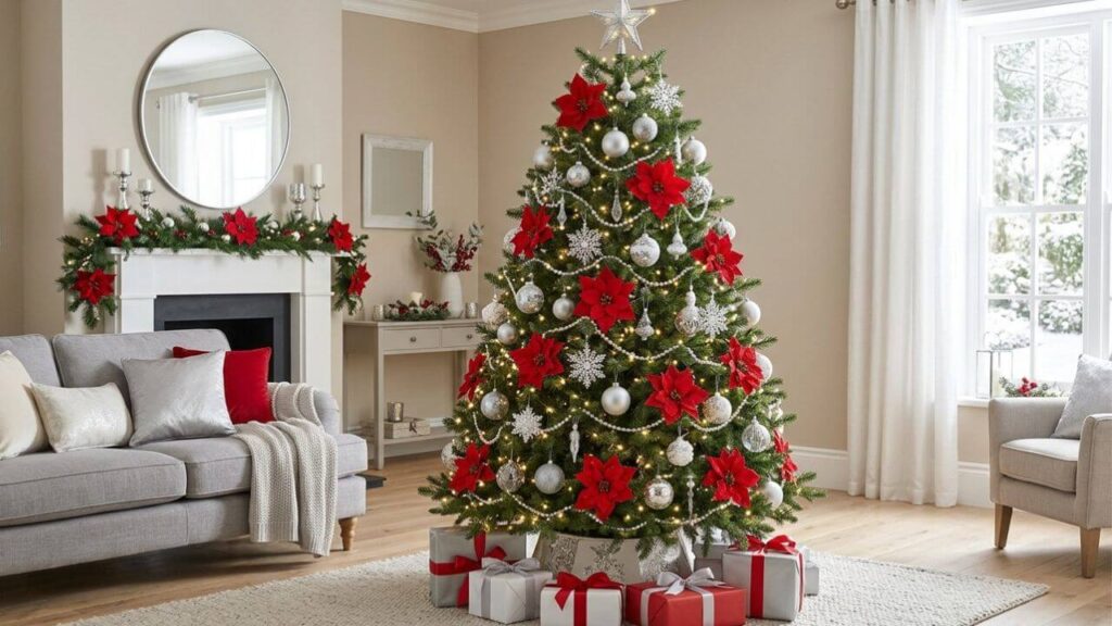 Red poinsettia flowers and silver ornaments decorating a Christmas tree with warm white lights
