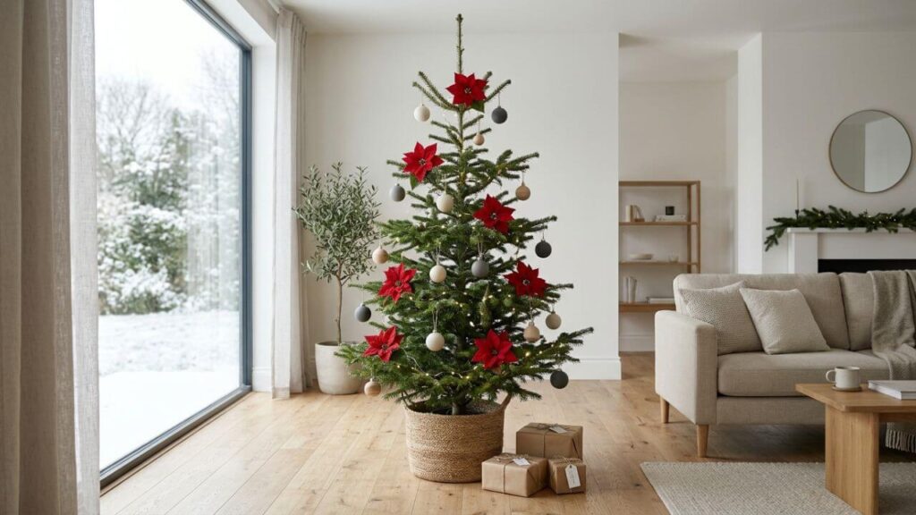 Minimalist Christmas tree with a few red poinsettia flowers and simple neutral ornaments