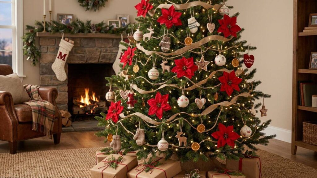 Christmas tree decorated with red poinsettia flowers, handmade-style ornaments, and rustic ribbon
