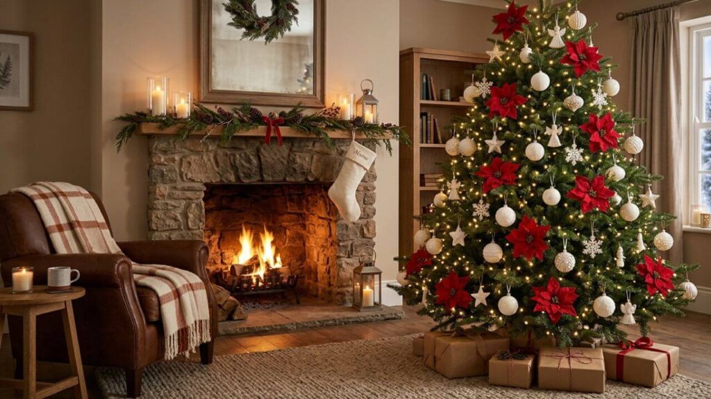 Red poinsettia Christmas tree with ivory ornaments beside a cozy living room fireplace