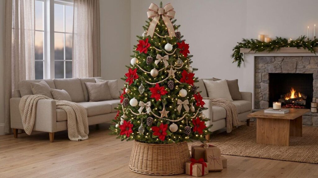Green Christmas tree decorated with red poinsettia flowers and displayed in a woven basket