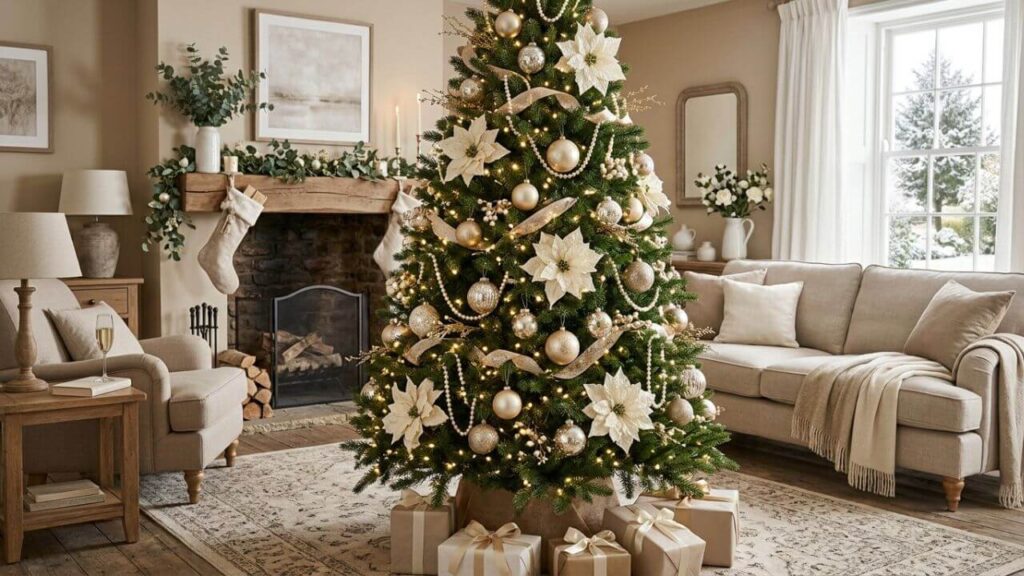 White poinsettia flowers and champagne-gold ornaments decorating an elegant green Christmas tree
