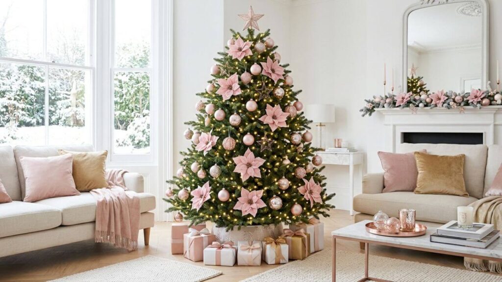 Pink poinsettia flowers and blush ornaments decorating a Christmas tree in an elegant living room