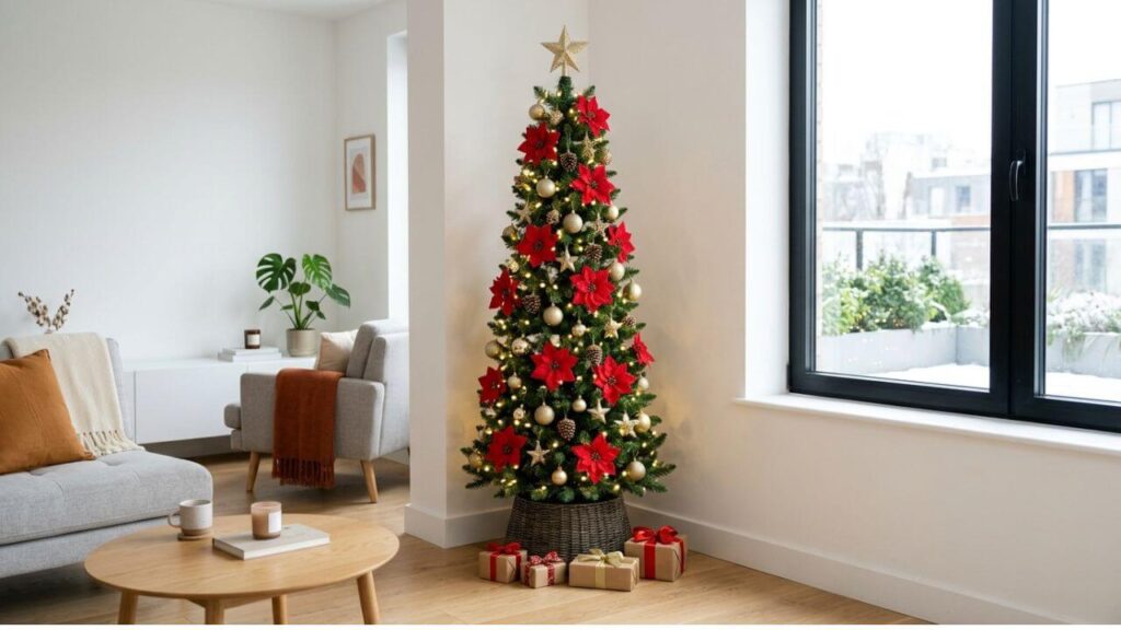 Slim Christmas tree with red poinsettia flowers and gold ornaments in a small apartment living room