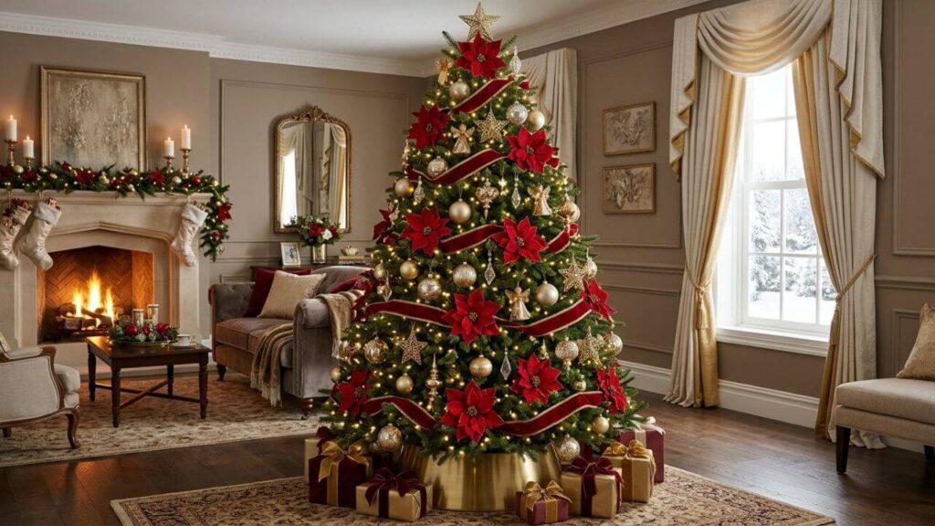 Luxury Christmas tree with red poinsettia blooms, velvet ribbon, gold ornaments, and warm lights