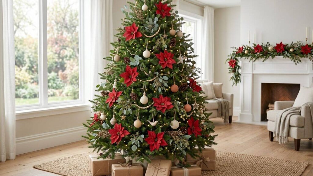 Red poinsettia flowers and eucalyptus greenery decorating a natural-looking Christmas tree