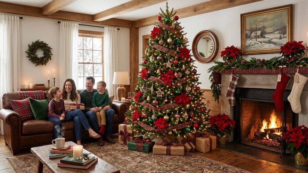 Red poinsettia flowers and red-and-green plaid ribbon on a traditional Christmas tree