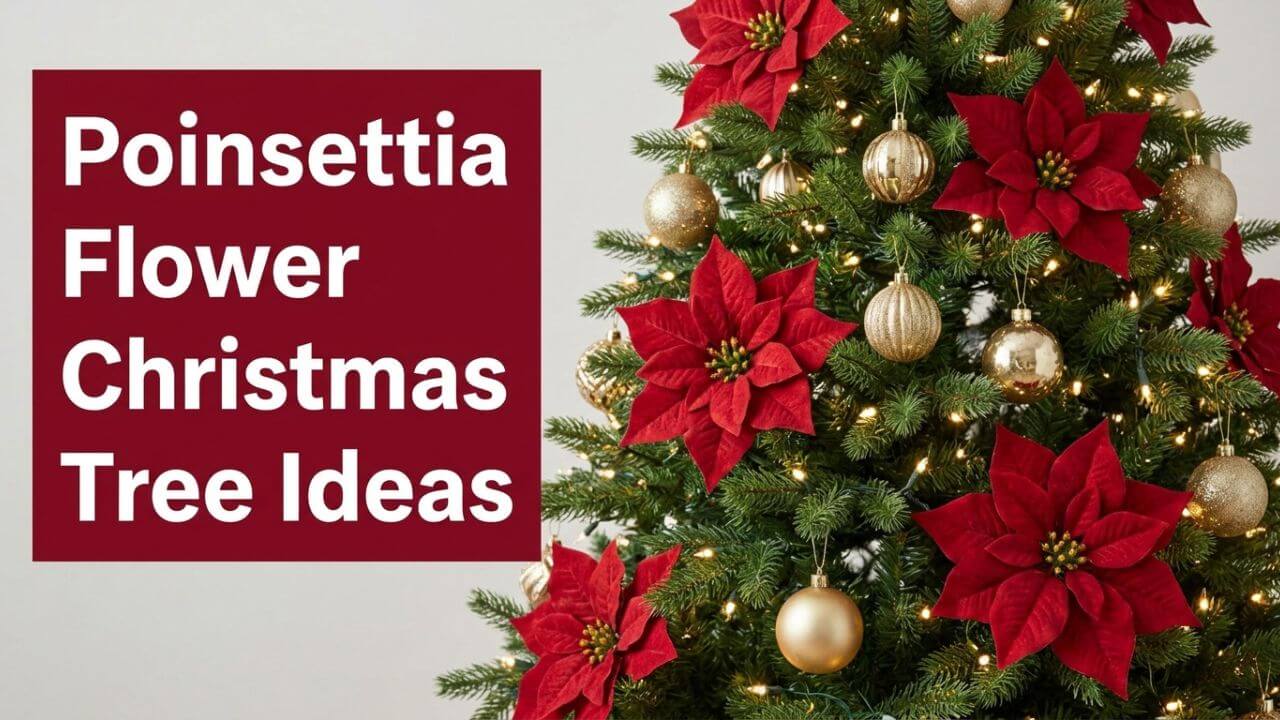 Red poinsettia flowers decorating a green Christmas tree with gold ornaments and warm white lights