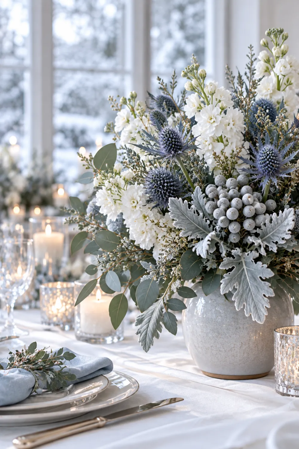 Dusty Blue Thistle and Silver Brunia